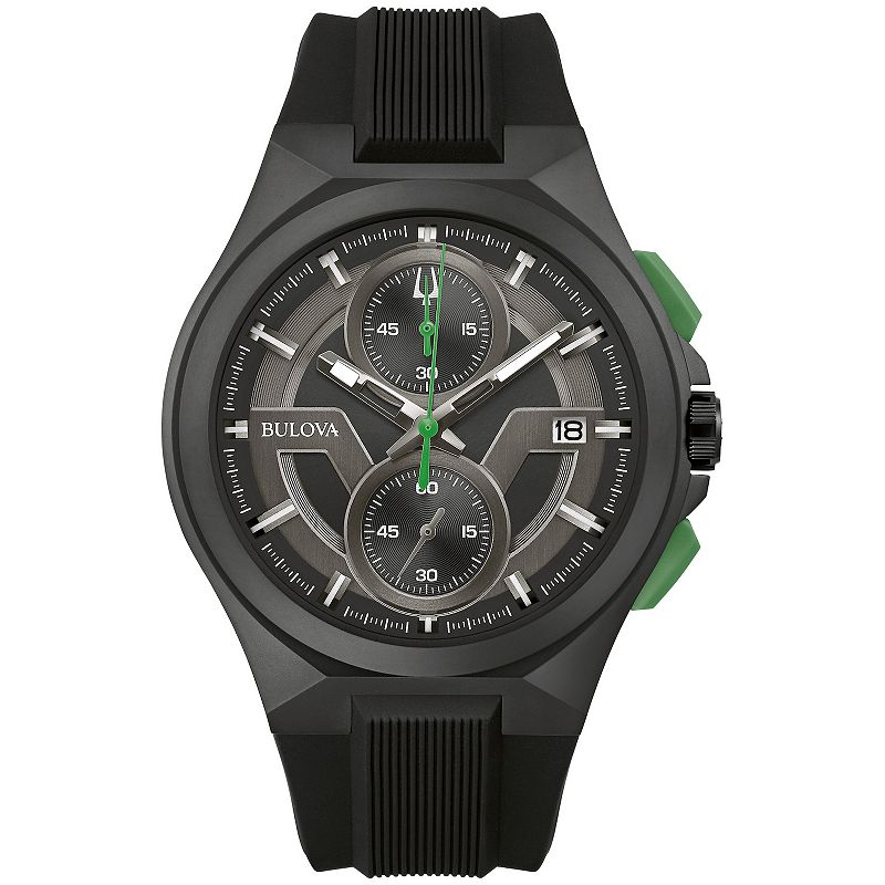 Bulova Men's Maquina Sport Black Stainless Steel Chronograph Black Silicone Strap Watch - 98B381, Size: Large