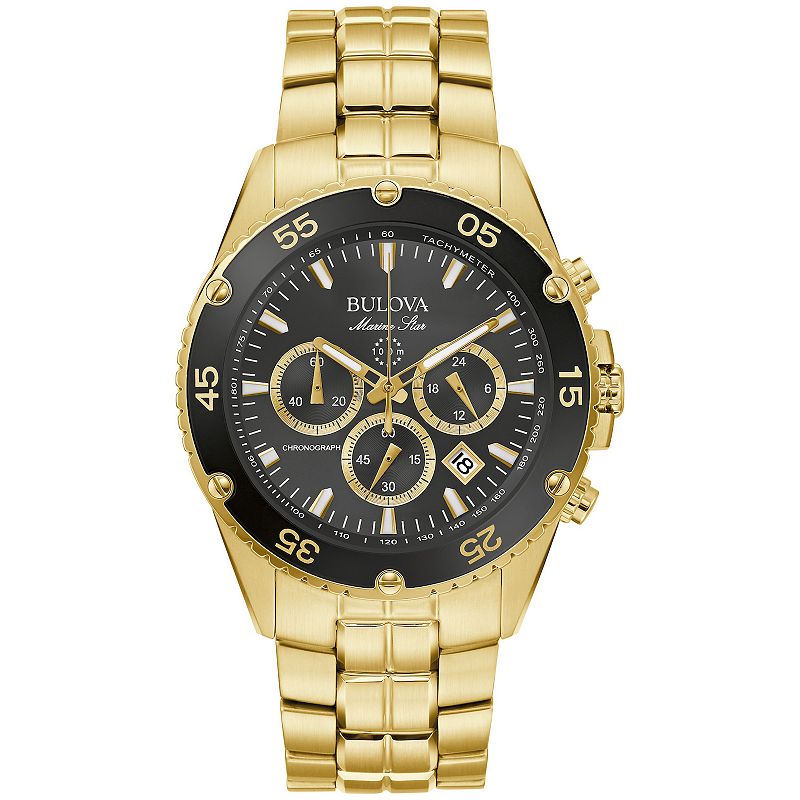 Bulova Men's Marine Star Gold Tone Stainless Steel Black Chronograph Dial Bracelet Watch, Size: Large