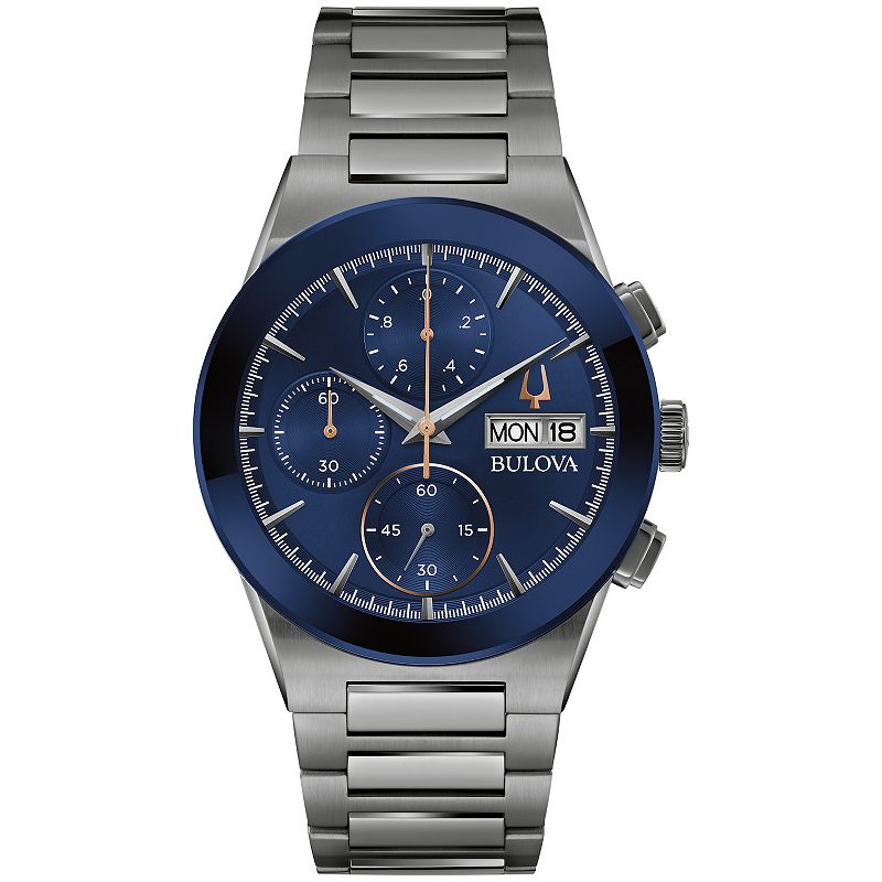 Bulova Men's Millennia Grey Stainless Steel Blue Chronograph Dial Bracelet Watch - 98C143, Size: Large, Gray