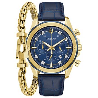 Bulova Men's Gold Tone Stainless Steel Chronograph Diamond Blue Leather Watch & Bracelet Box Set - 98K110