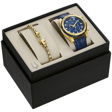 Bulova Men's Gold Tone Stainless Steel Chronograph Diamond Blue Leather Watch & Bracelet Box Set