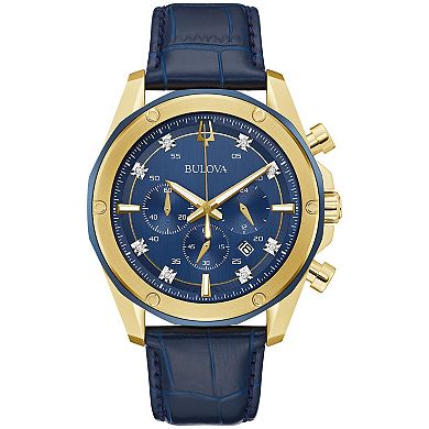 Bulova Men's Gold Tone Stainless Steel Chronograph Diamond Blue Leather Watch & Bracelet Box Set