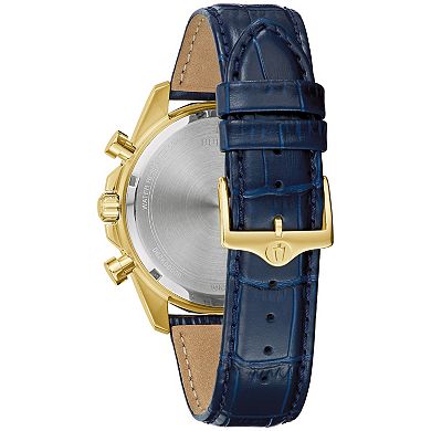Bulova Men's Gold Tone Stainless Steel Chronograph Diamond Blue Leather Watch & Bracelet Box Set