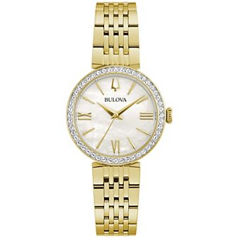 Bulova Women's Gold Tone Stainless Steel Mother of Pearl Crystal Accent Bracelet Watch - 98L276