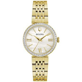 Bulova Women's Gold Tone Stainless Steel Mother of Pearl Crystal Accent Bracelet Watch - 98L276