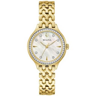 Bulova Women's Classic Gold Tone Stainless Steel Mother of Pearl Crystal Accent Dial Bracelet Watch - 98L312
