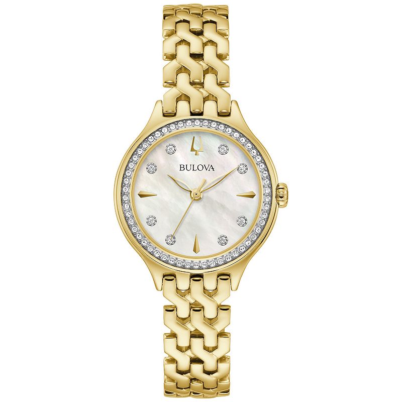 Bulova Women's Classic Gold Tone Stainless Steel Mother of Pearl Crystal Accent Dial Bracelet Watch - 98L312, Size: Small