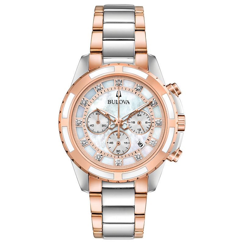 Bulova Women's Two-Tone Stainless Steel Chronograph Diamond Accent Bracelet Watch - 98P181, Size: Medium, Gold Silver