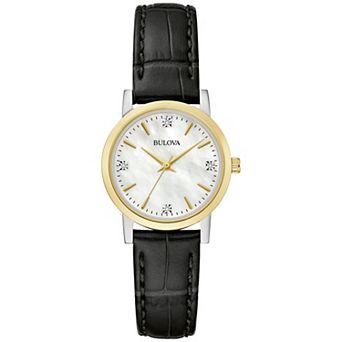 Bulova Women's Classic Two-Tone Stainless Steel Diamond Accent Black Leather Strap Watch - 98P225