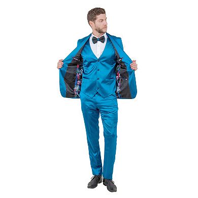 Mens 3pc Skinny-Fit Shiny Satin Suit Set w/ Bowtie