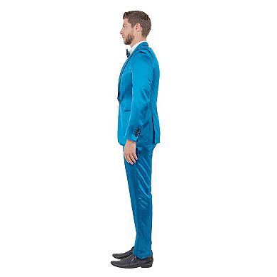 Mens 3pc Skinny-Fit Shiny Satin Suit Set w/ Bowtie