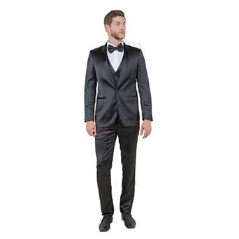 Mens 3 pc Skinny-Fit Shiny Satin Suit Set w/ Bowtie