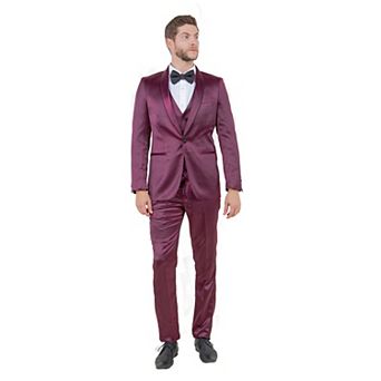 Mens 3 pc Skinny-Fit Shiny Satin Suit Set w/ Bowtie