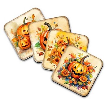 Halloween Pumpkin Wooden Cork Coasters Gift Set of 4