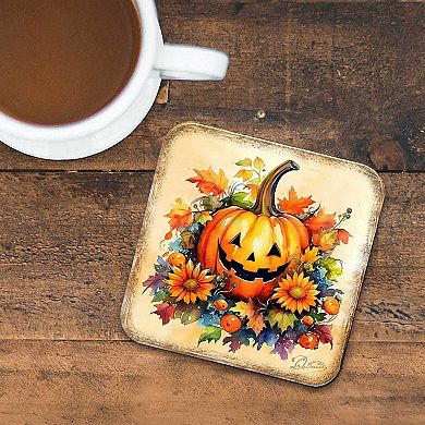 Halloween Pumpkin Wooden Cork Coasters Gift Set of 4