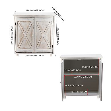 Parisloft 2 Barn Door Accent Wood Floor Cabinet, Whitewashed, 32.25"H