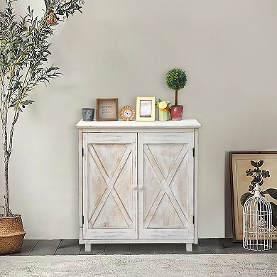 Parisloft 2 Barn Door Accent Wood Floor Cabinet, Whitewashed, 32.25"H