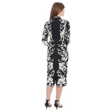 Women's London Times Criss Cross Neck Long Sleeve Midi Dress