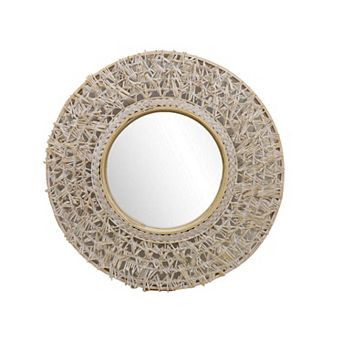Parisloft 24 Inch Round Rattan Farmhouse Wall Mirror,