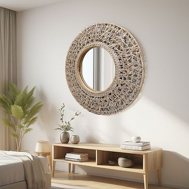 Parisloft 24 Inch Round Rattan Farmhouse Wall Mirror,