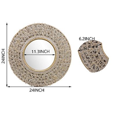 Parisloft 24 Inch Round Rattan Farmhouse Wall Mirror,