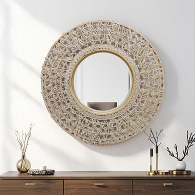 Parisloft 24 Inch Round Rattan Farmhouse Wall Mirror,