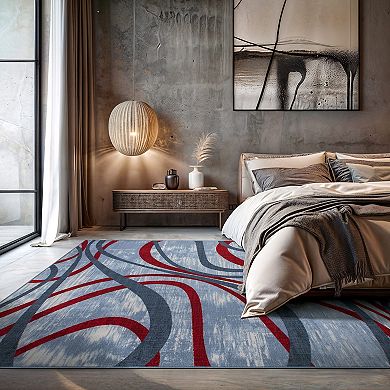World Rug Gallery Isla Contemporary Distressed Abstract Lines Non Slip Area Rug