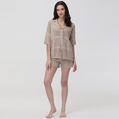 Women's Adyson Parker Notchneck Short Sleeve Woven Pointelle Pajama Shirt & Pajama Shorts