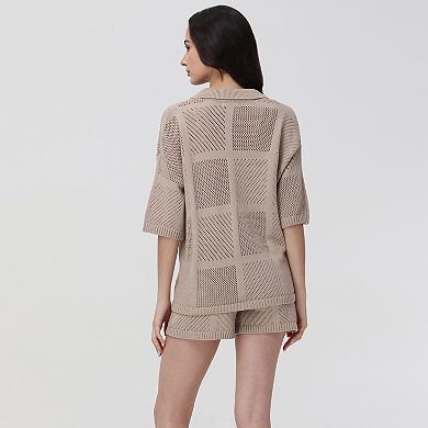 Women's Adyson Parker Notchneck Short Sleeve Woven Pointelle Pajama Shirt & Pajama Shorts