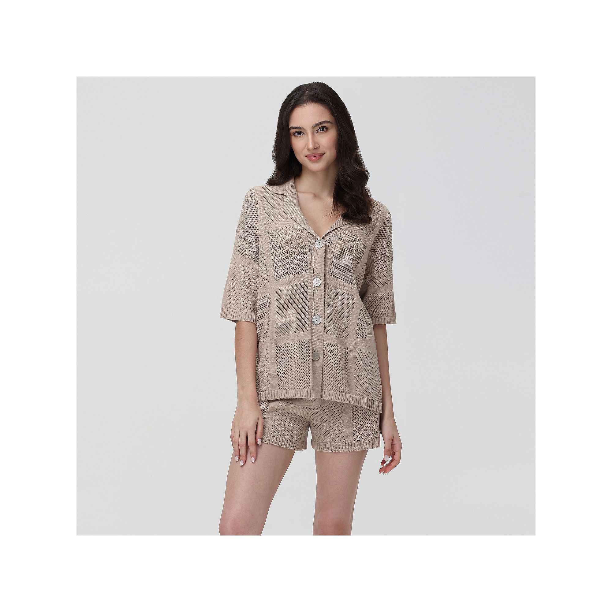 Womens Adyson Parker Notchneck Short Sleeve Woven Pointelle Pajama Shirt &