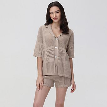 Women's Adyson Parker Notchneck Short Sleeve Woven Pointelle Pajama Shirt & Pajama Shorts