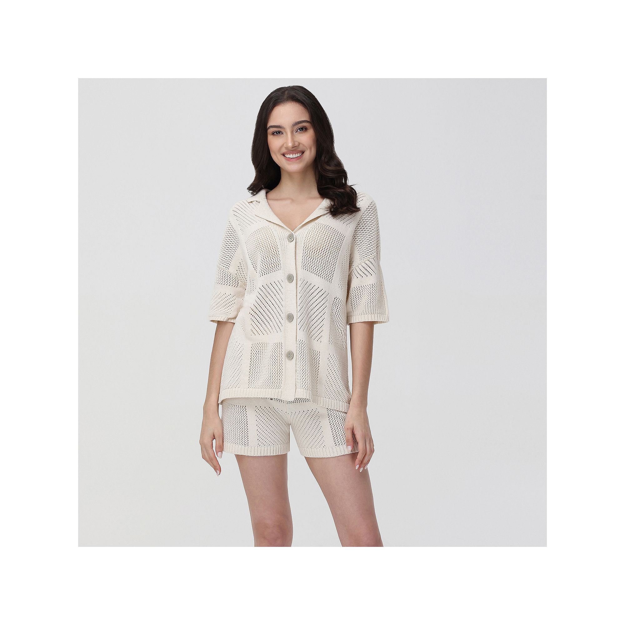 Womens Adyson Parker Notchneck Short Sleeve Woven Pointelle Pajama Shirt &