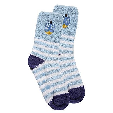 Striped Dreidel Embroidery Cozy Holiday Crew Socks