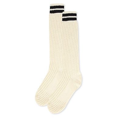 Pointelle Striped Cuff Cotton Blend Knee High Sock