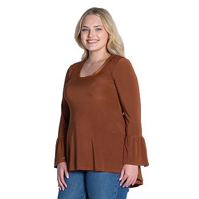 Plus Size 24Seven Comfort Apparel Long Bell Sleeve High-Low Tunic Top