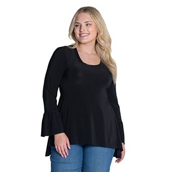 Plus Size 24Seven Comfort Apparel Long Bell Sleeve High-Low Tunic Top