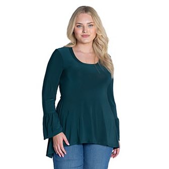Plus Size 24Seven Comfort Apparel Long Bell Sleeve High-Low Tunic Top