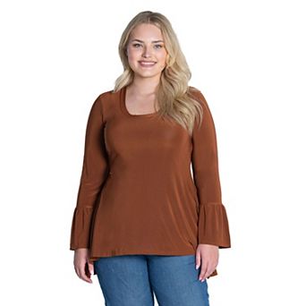 Plus Size 24Seven Comfort Apparel Long Bell Sleeve High-Low Tunic Top