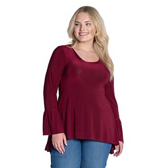 Plus Size 24Seven Comfort Apparel Long Bell Sleeve High-Low Tunic Top