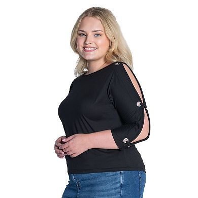 Plus Size 24Seven Comfort Apparel Boatneck 3/4-Sleeve Grommet Detailed Top