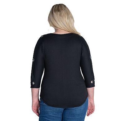 Plus Size 24Seven Comfort Apparel Boatneck 3/4-Sleeve Grommet Detailed Top