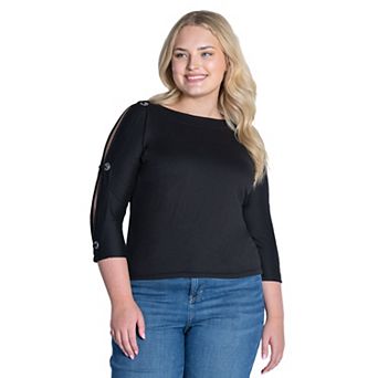 Plus Size 24Seven Comfort Apparel Boatneck 3/4-Sleeve Grommet Detailed Top