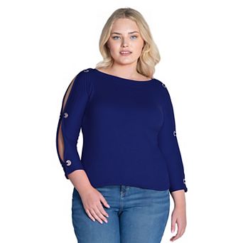 Plus Size 24Seven Comfort Apparel Boatneck 3/4-Sleeve Grommet Detailed Top
