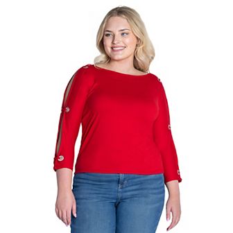 Plus Size 24Seven Comfort Apparel Boatneck 3/4-Sleeve Grommet Detailed Top