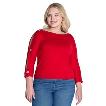 Plus Size 24Seven Comfort Apparel Boatneck 3/4-Sleeve Grommet Detailed Top