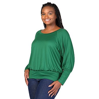Plus Size 24Seven Comfort Apparel Round Neck Blouson Sleeve Banded Hem Top