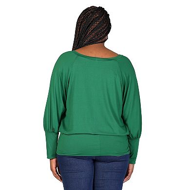 Plus Size 24Seven Comfort Apparel Round Neck Blouson Sleeve Banded Hem Top