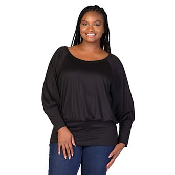 Plus Size 24Seven Comfort Apparel Round Neck Blouson Sleeve Banded Hem Top
