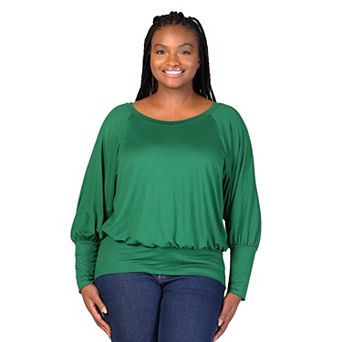 Plus Size 24Seven Comfort Apparel Round Neck Blouson Sleeve Banded Hem Top