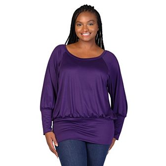 Plus Size 24Seven Comfort Apparel Round Neck Blouson Sleeve Banded Hem Top